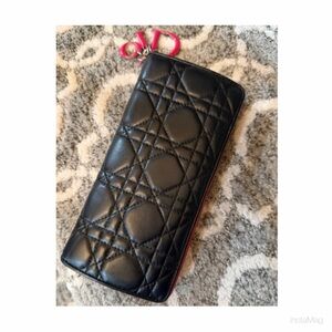 AUTHENTIC Christian Dior Cannage Lady Dior Charm Leather Wallet Black & Pink